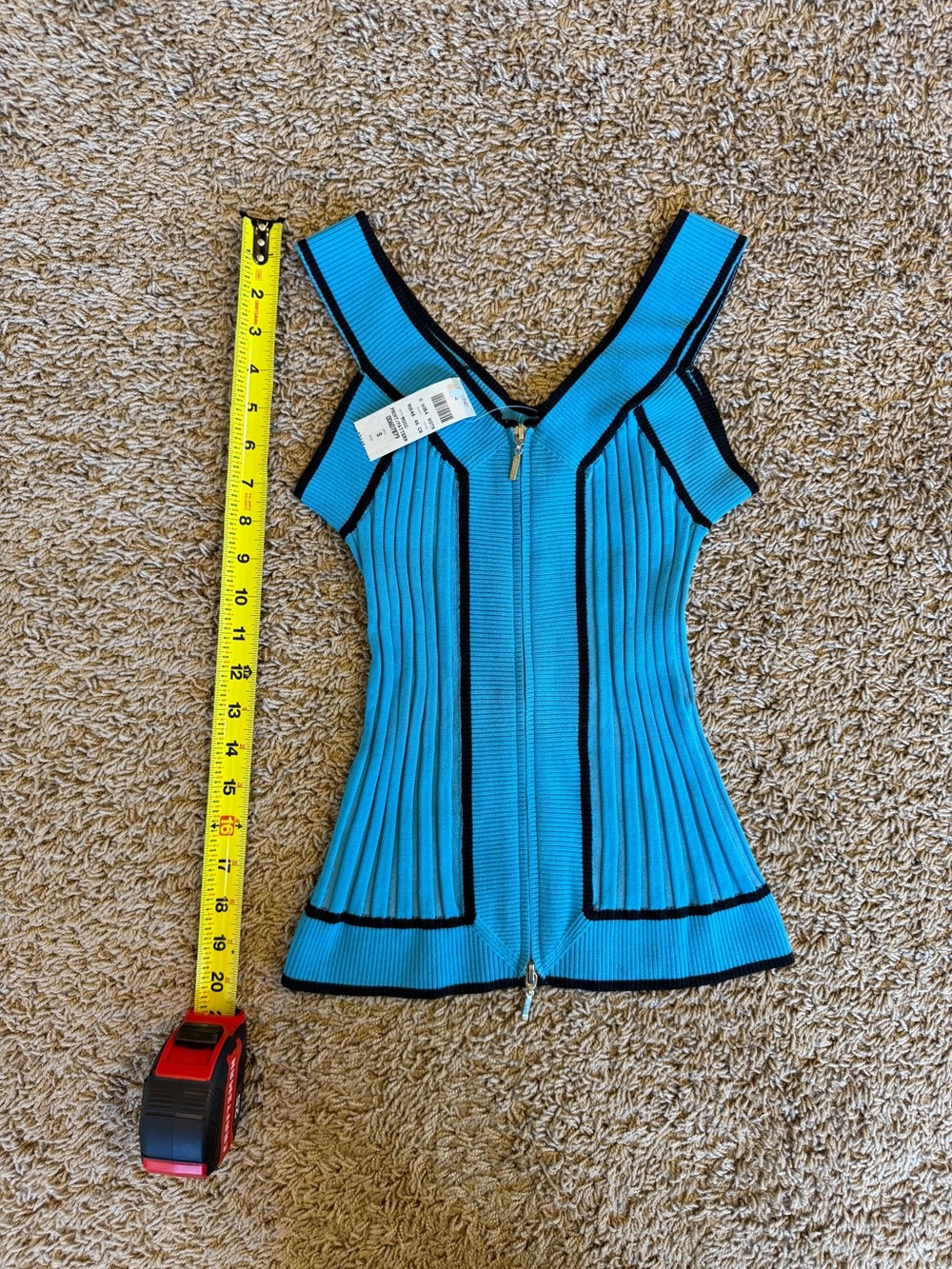 Cache Turquoise Ribbed Zip-Front Tank with Black Trim